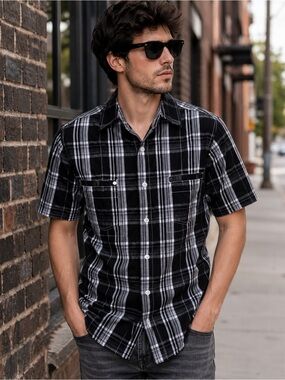 Men’s AIRWALK Plaid Short Sleeve Button-Up Shirt | Modern Casual | Black White
